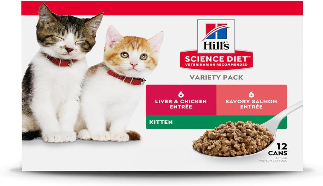 Hill's Science Diet Kitten, Kitten Premium Nutrition, Wet Cat Food, Variety Pack: Liver & Chicken; Salmon Minced, 2.9 oz Can Variety Pack, Case of 9,  Best By: 06/2027