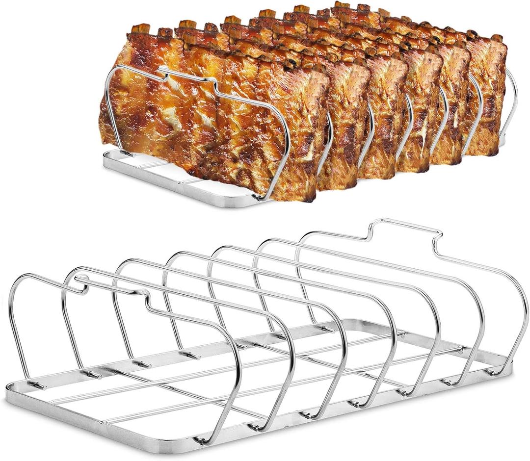 Large Rib Rack for Smoking - 6 Slots Rib Racks for Grilling - Easy to Use and Clean BBQ Premium Durable Rib Rack Stainless Steel