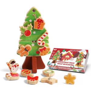 HUZU Christmas Tree Snap Builders 2025  Wooden Building Blocks, 3D Puzzle, DIY Montessori Fine Motor Toy, Christmas Ornaments, Decor, Gifts for Grandkids, Stocking Stuffers for Kids, Boys & Girls