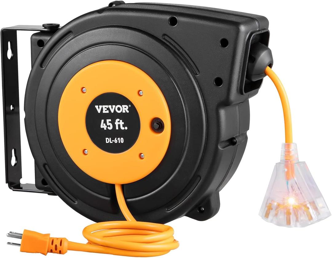 VEVOR Retractable Extension Cord Reel, 45 FT, Heavy Duty 12AWG/3C SJTOW Power Cord, with Lighted Triple Tap Outlet, 15 Amp Circuit Breaker, 180 Swivel Bracket for Ceiling or Wall Mount