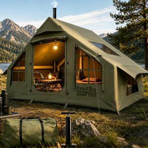 Inflatable Tent with Skylight, Fast Setup Blow Up Air Camping Tents with Pump, Hot Tent with Stove Jack, Waterproof 420D Oxford Inflate House for 4-6 Person, Air Cabin Camp Tents for Outdoor 4 Seasons, 118"L x 83'W x 83"H