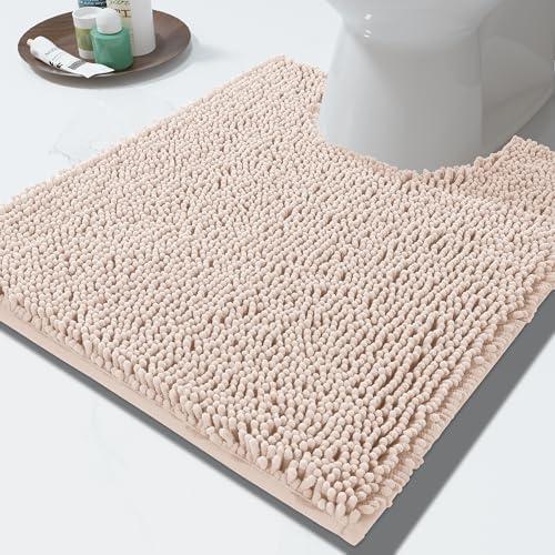Yimobra Toilet Rugs U Shaped Washable - 24"x20" Non Slip Plush Contour Bath Rugs for Toilet - Super Soft Absorbent Quick Dry Toilet Mats for Bathroom,Beige with Pink