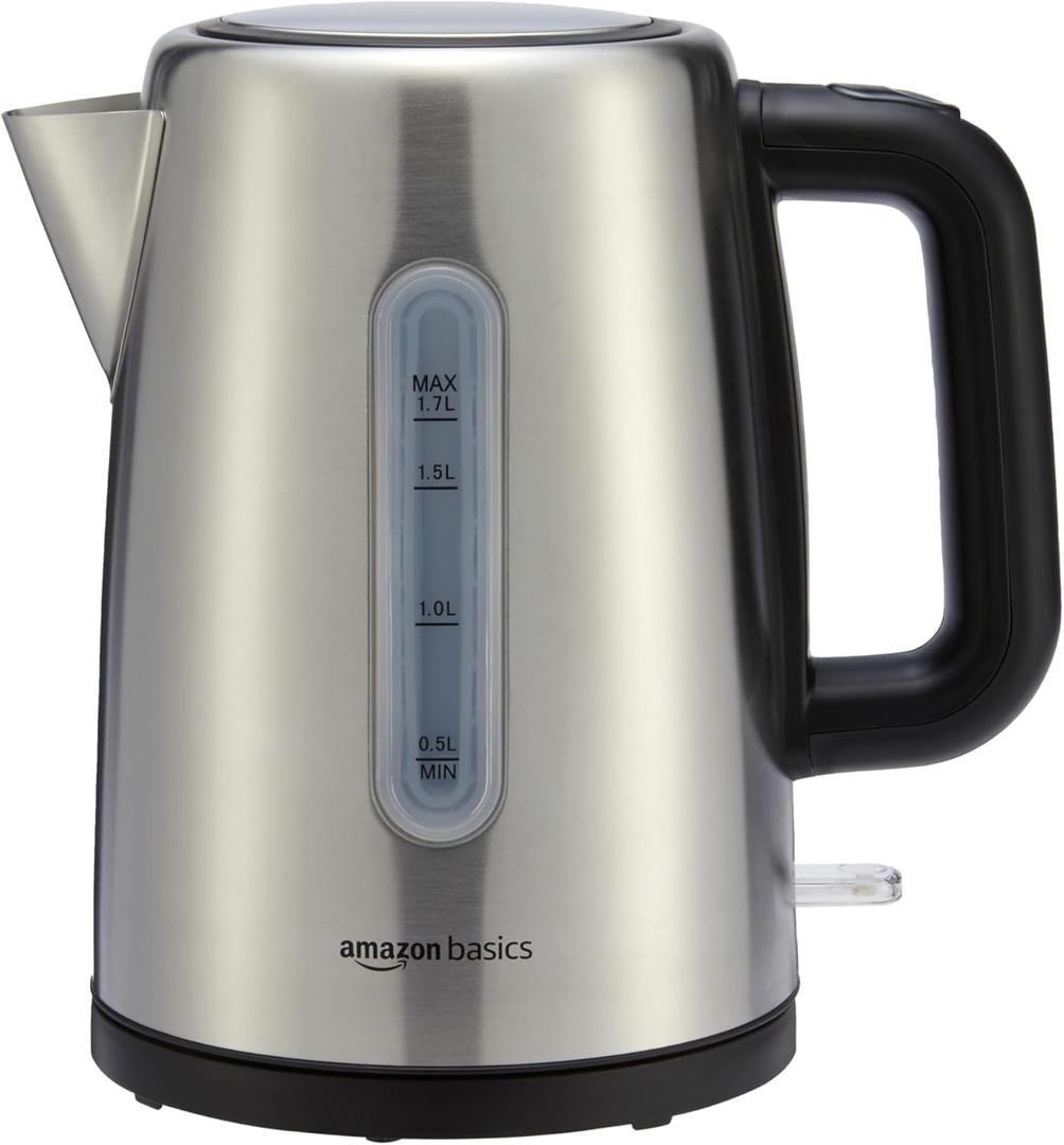 Amazon Basics Electric Stainless Steel Kettle for Tea and Coffee, BPA-Free, Fast Boiling, Auto Shut-Off, Boil-Dry Protection, 1.7 Liter, 1500W, Black and Silver (1.8 Quarts)
