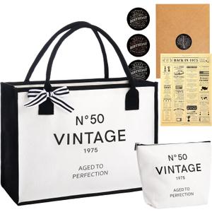 Crisky 50th Birthday Gifts for Women Canvas Tote Bag N50 Beach Bag for Wife/Sister/Mom/Aunt/Friends 50th Birthday Gifts, 17" x 12" x 7"