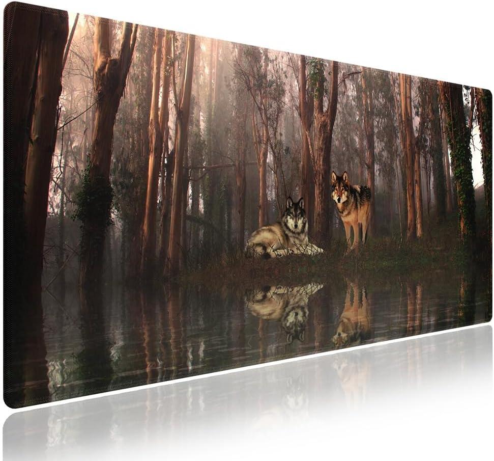 Wknoon. Extra Large Gaming Mouse Pad (31.5" x 11.8") with Durable Stitched Edges Serene Forest Refuge A Pair of Wolves, Anti-Slip Rubber Base & Smooth Fabric Surface Extended XXL Desk Mat