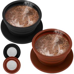 2-Packs Travel Collapsible Paperless Pour Over Coffee Dripper Kit with Stainless Steel Filter, Travel Pour Over Coffee Maker Camping, Silicone Coffee Strainer Pour Over Single Cup (Brown+Black)