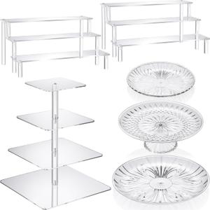 6 Pcs Acrylic Dessert Stands Set Include Display Risers Cupcake Tower and Clear Round Dessert Trays Cake Table Holder for Wedding Baby Shower Decoration(Classic Style)