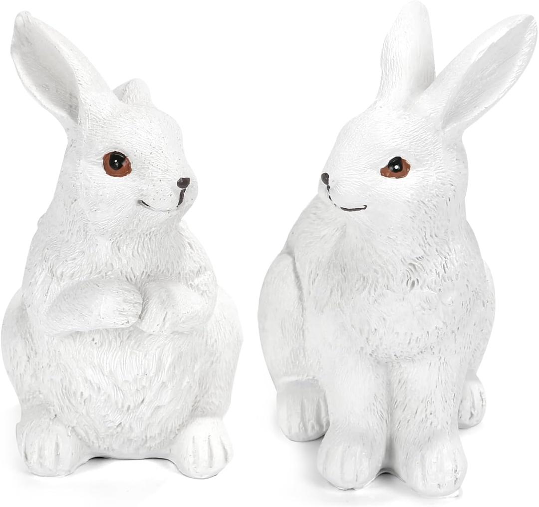 Easter Decorations Bunny Figurines, Set of 2 Realistic Textured Resin Rabbit Statues Spring Home Decor for Mantel Shelf Tiered Tray, Farmhouse Table Centerpiece Indoor Easter Spring Decorations