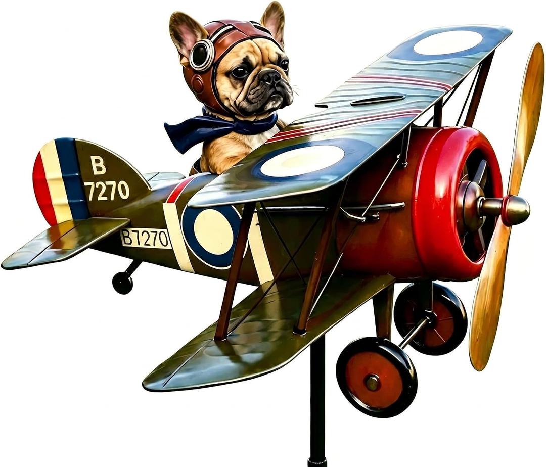 Vintage Biplane Wind Spinner Garden Stake, Adult Outdoor Lawn Ornament, Metal Yard Art for Patio & Flower Bed, Weather-Resistant Decor (12×9×11inch)