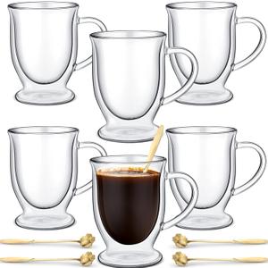 Gejoy 6 Sets Double Wall Glass Coffee Mugs with Spoon Insulated Clear Coffee Mug with Handle Borosilicate Glass Coffee Cups Latte Cup for Cappuccino, Tea, Latte, Espresso, Hot Beverage(12 OZ)