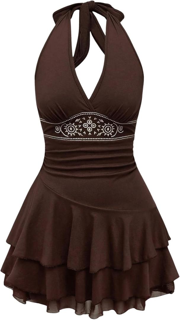Women's Halter Cowgirl Vintage Mini Dress Embroidery Tie Back Sleeveless Ruched Tiered Layer A Line Dresses (Brown), Small