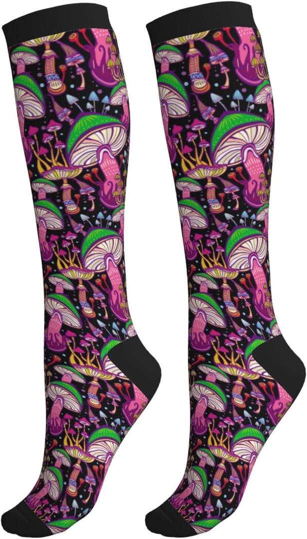 bassyil Psychedelic Mushrooms Fun Compression Socks for Women & Men Circulation 15-20 mmHg Knee High Best Support for Nurses Travel Running Athletic