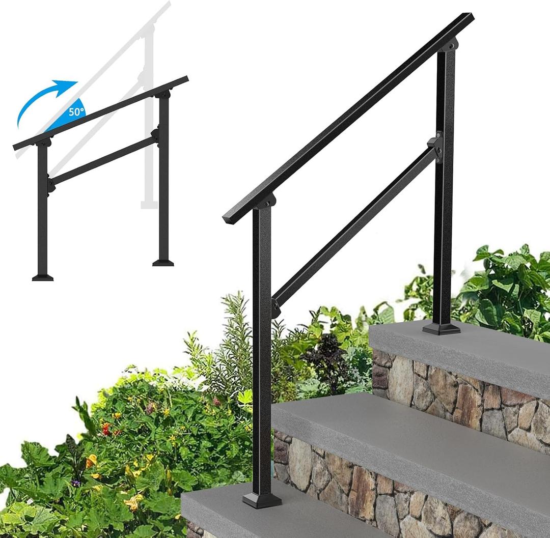 Wrought Iron Handrails for Outdoor Steps - Exterior Hand Rails for Concrete Steps Outside Metal Stair Railing Porch 3 Step