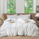 MooMee Striped Duvet Cover Set 100% Washed Cotton Linen Like Textured Breathable Durable Soft Comfy (White Heathered Green Wide Stripes, Queen 90"x90")