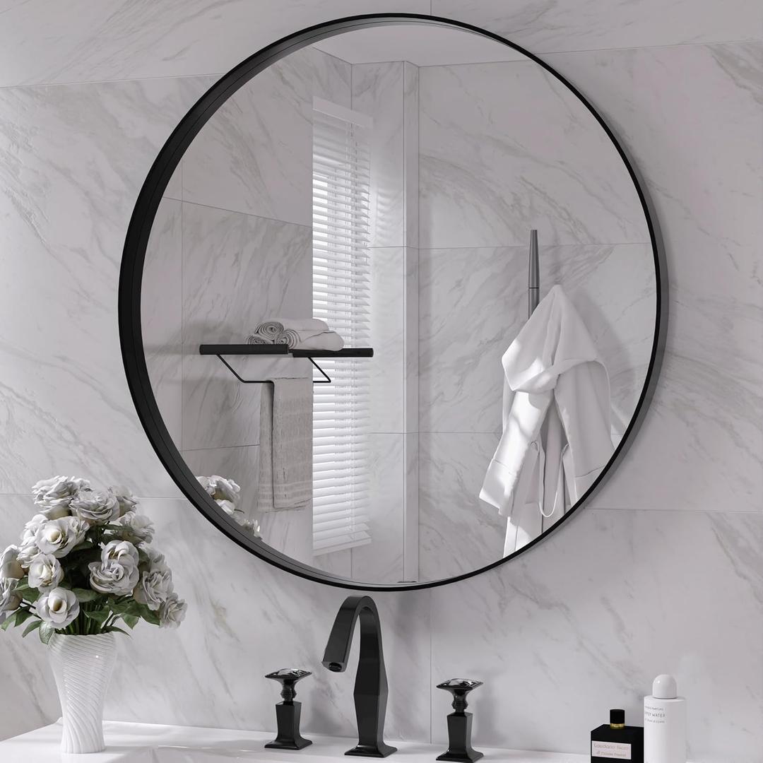 Hasipu Round Black Mirror 28 Inch Round Bathroom Mirror Metal Frame, Wall Mounted Circle Vanity Mirror Modern Decor (Horizontal/Vertical) (28"L x 28"W, Black Round)