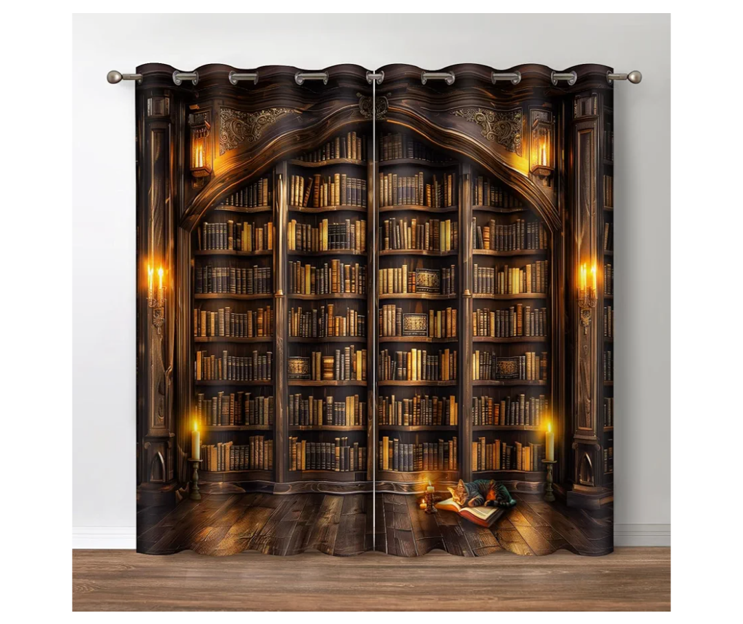 Books Bookcase Cat Candle Decor Shading Drapes for Bedroom Study Classroom Living Room Darkening Grommet Window Drapes 1Panel Set,  32×80