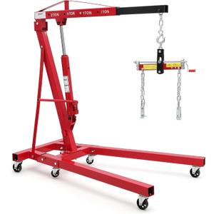 GarveeTech 2 Ton Folding Hydraulic Engine Hoist with Load Leveler 4400 LBS Capacity Heavy Duty Cherry Picker 6 Swivel Wheels&Hydraulic Pump Adjustable Boom (0.5T-2T) for Garage Workshop Warehouse Red