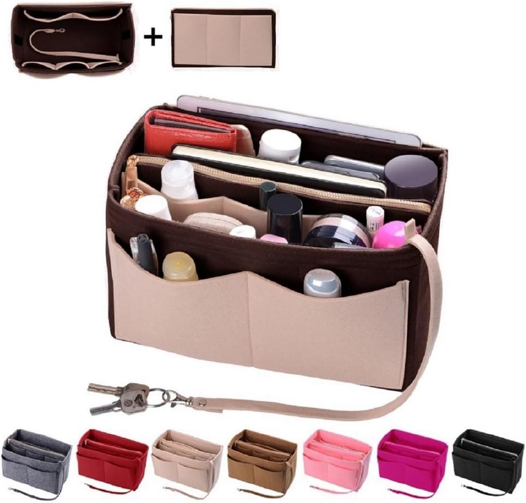ZTUJO Purse Organizer Insert, Felt Bag Organizer with Metal Zipper, Handbag & Tote Shaper, For Speedy Neverfull Tote, 7 Sizes (X-Large, Coffee and Beige)