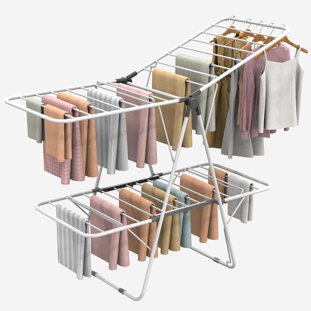 Foldable Clothes Drying Rack 2 Tier – Portable Shoes & Drying Rack Clothing, Indoor & Outdoor, with Height-Adjustable Wings, 59" L × 23.8" W, 90LB. Capacity, White, Large