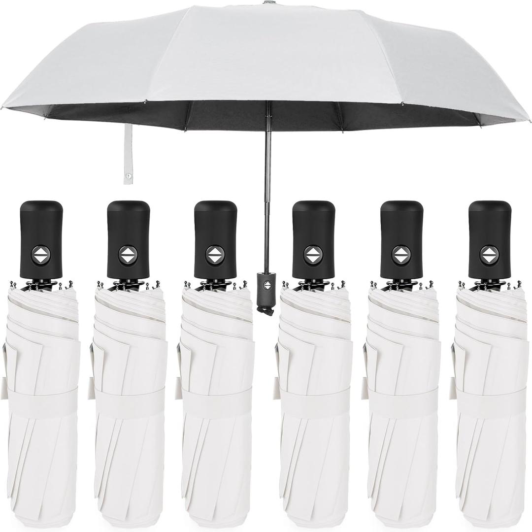 Jexine 6 Pcs Travel Compact Umbrella Automatic Open Close Windproof Small Light Backpack Purse Car Portable Collapsible Umbrella for Rain, Men Women (White)