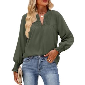 HEYTALALA Women's Puff Long Sleeve Shirts 2025 Fall Tops V Neck Casual Boho Work Blouses Dressy T Shirts (Green, XXL)