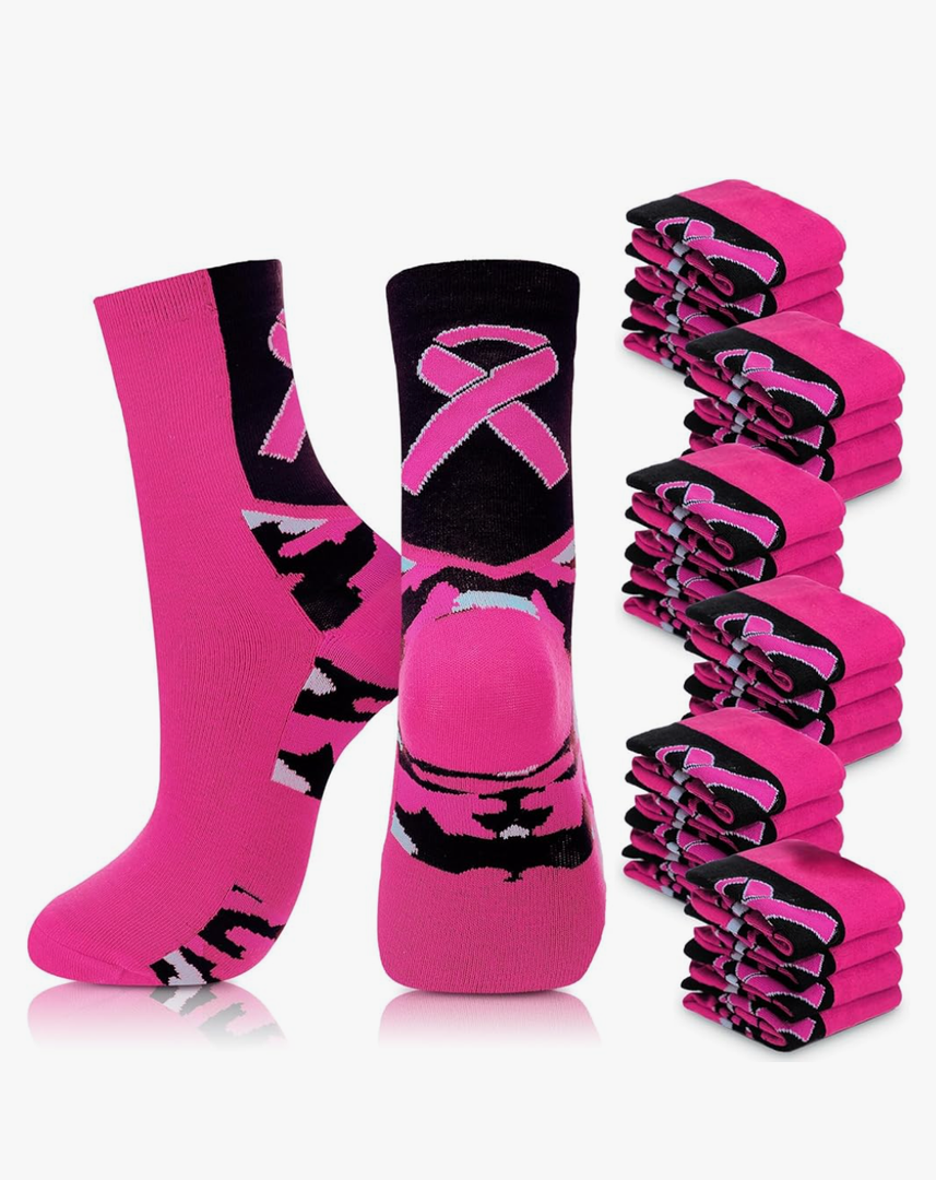 Haysandy 24 Pairs Breast Cancer Awareness Socks Bulk Soft Pink Ribbon Football Socks for Women Softball Volleyball Sport