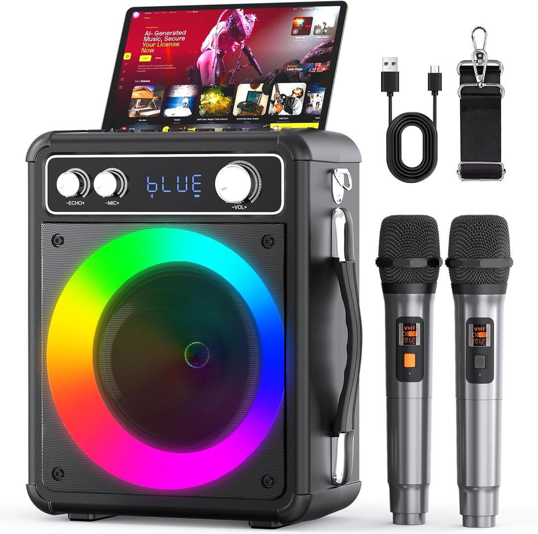 Karaoke Machine, Portable Bluetooth Karaoke Speaker with 2 Wireless Microphones, PA System for Adults Kids with LED Lights, Supports REC/FM/AUX/USB/TF for Home Party (T03-L)