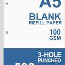 (5-Pack) A5 Filler Paper, 3 Hole Planner Refills, Organizer, Loose-leaf Binder Paper, Total 500 Sheets/1000 Pages, 100gsm, Blank, White Paper, 5.8 x 8.2 Inch, 3 Hole Filler Paper