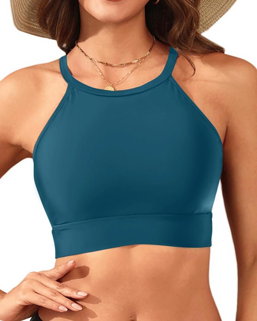 Women Swim Bikini Top - High Neck Modest Bathing Suit Top Swimwear (Blue, XL)