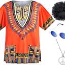 4 PCS Hippie Costume for Mens 60s 70s T-Shirt Afro Wig Accessories Set for Party Cosplay (XX-Large, Orange)