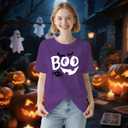 Women Halloween Shirts Spooky Boo Pumpkin Face T-Shirt Trick or Treat Party Short Sleeve (Purple, L)