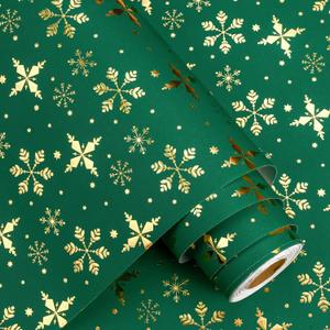 3 x Flyhill Christmas Wrapping Paper,Metallic Gold Embossed Foil Snowflake Green Gift Wrap for Holiday, Party,Celebration, New Year(17 Inch X 33 Feet)