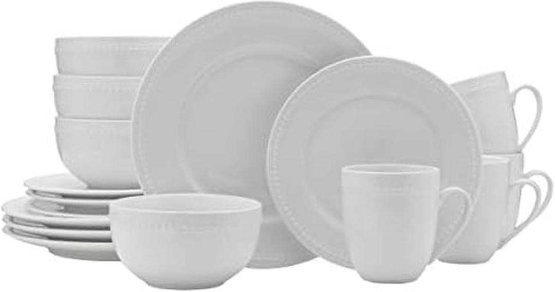 Everyday White by Fitz and Floyd, Beaded 16 Piece Dinnerware Set, Service for 4