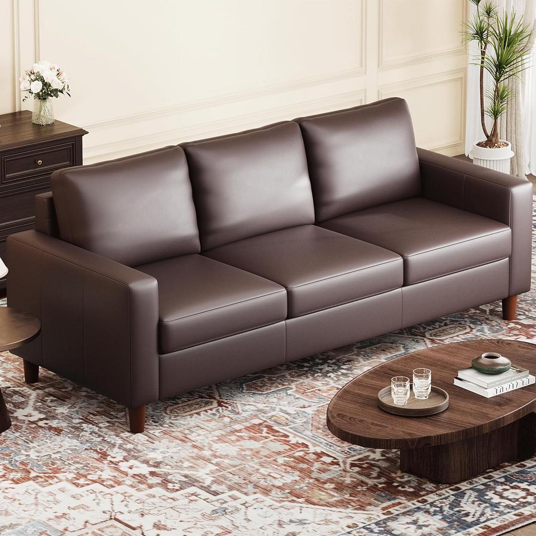 Garvee Black Leather Sofa, 85" Mid-Century Modern Couch, 3-Seater Sofa with Armrests and Comfy Cushions, Pu Deep Seat Sofas for Living Room, Bedroom, Office