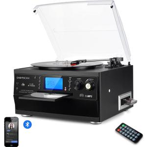 DIGITNOW 9-in-1 Record Player with Stereo Speaker, 3-Speed Turntable for Vinyl, CD/Cassette Player, Bluetooth, USB/SD Playback, AM/FM Radio, Aux-in, Remote Control (Black)