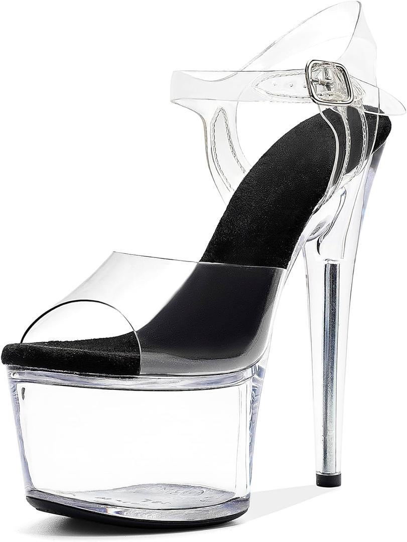 WUXIN H&P Women's 7 Inch Clear Platform Heels - Ankle-Strap Sexy Pole Dance High Heel, Exotic Dancer Shoes Stiletto 17CM (6, Dark Black)