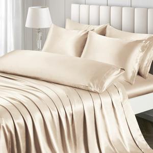 Ersmak 7 Pieces Satin Sheets Set California King Size, Luxury Silky Beige Satin Bed Sheets Set with 1 Deep Pocket Fitted Sheet, 1 Soft Flat Sheet, 4 King Pillowcases and 1 Body Pillowcase