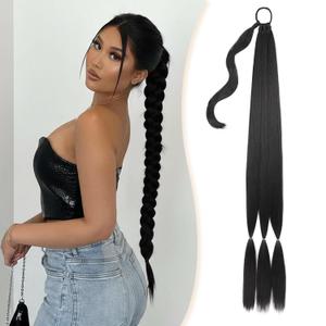 Long Braided Ponytail Extension with Hair Tie Wrap Around Straight Hair Extension Ponytail 34 Inches Natural Soft Synthetic Hairpiece for Women Daily Weddings Parties and Festivals Wear 150 Gram Black
