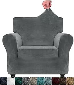 CHELZEN Velvet Chair Covers for Armchairs 1 Seater Thick Stretch Couch Covers for Dogs Pets Non-Slip Chair Slipcover with Arms Furniture Protector for Living Room (1 Seater, Gray) Size: 23"x39"