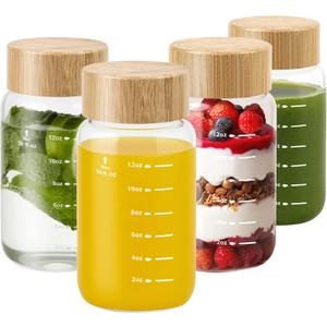 Freshmage 4 Pack Glass Water Bottles with Lids, 16 oz Reusable Wide Mouth Glass Juice Bottles with Bamboo Caps for Juicing, Smoothies, Water, Beverage Storage, 100% Leak Proof, BPA-Free, Borosilicate