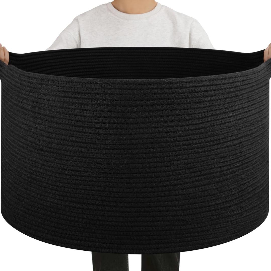 OIAHOMY 90L Large Blanket Basket with Handle, Blanket Storage for Living Room 23" x 23" x 13", Laundry Basket for Blankets, Pillows, Large Woven Rope Baskets for Kids, Dogs Toys - Black