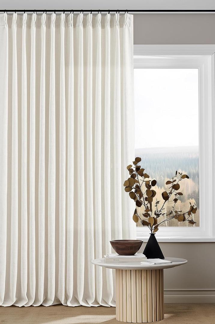 98 Inch Long Curtains Pinch Pleat Linen Curtains for Living Room Bedroom 2 Panels Natural Cream Light Filtering Privacy Neutral 98 Inch Pleated Drapes Hooks Rings Back Tab for Window Treatment