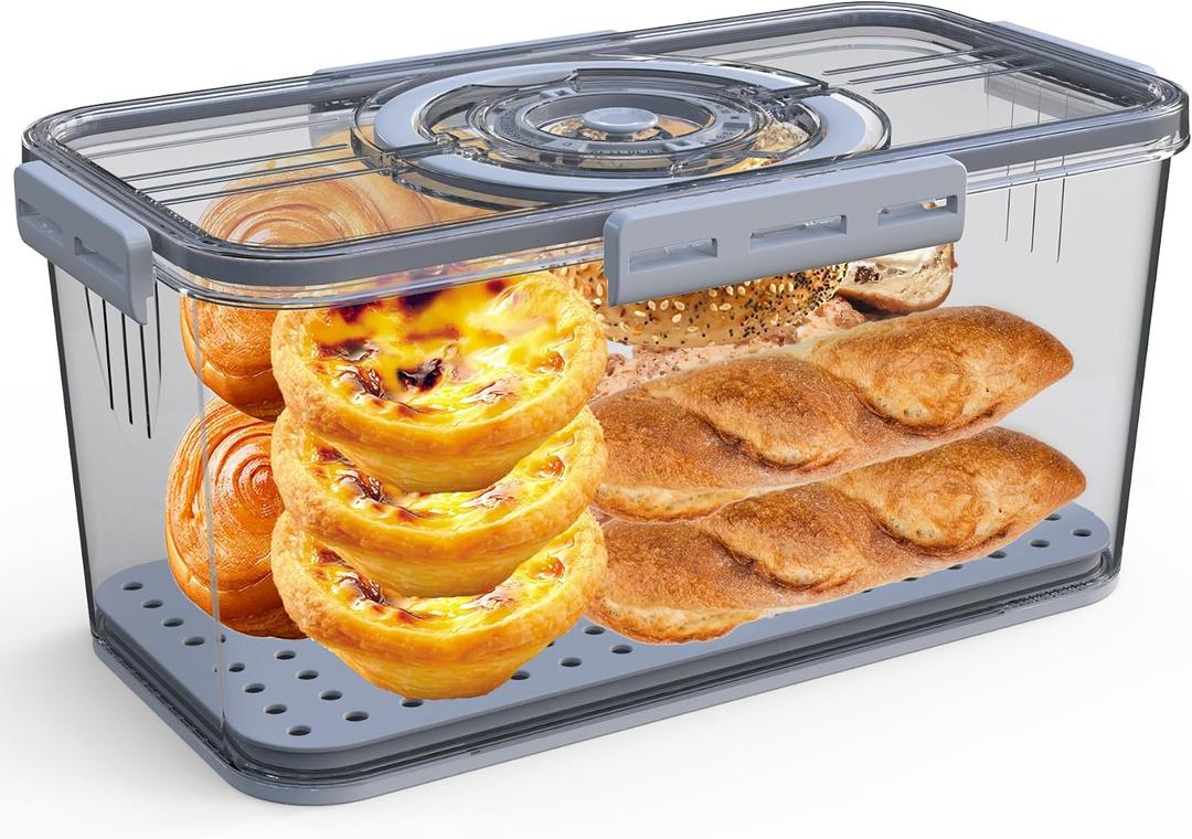 Bread Box with Lid and Handle,New Upgrade Time Recording Bread Storage Container for Kitchen Counter Airtight,Portable Bread Boxes for Homemade Breads, Toast, Bagel, Donut and Cookies(Grey), 12 x 6.1 x 6.2 inches