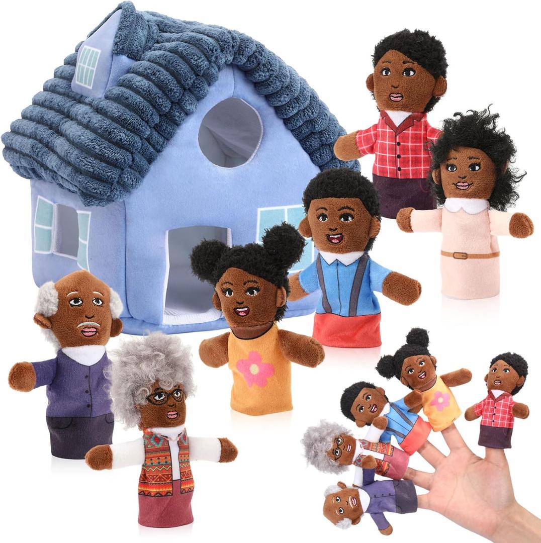 Skylety 7 Pcs African Family Finger Puppets with House Set for Toddlers Christmas Mini Soft Plush Finger Puppet Toys for Kids Boys Girls Story Playtime Role Playing Preschool Learning Birthday Gift