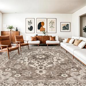 Washable Oriental Area Rug - 10x14 Rugs for Living Room Soft Carpet for Bedroom Waterproof Floral Distressed Indoor Stain Resistant Non-Shedding Floor Carpets (Beige, 10X14)