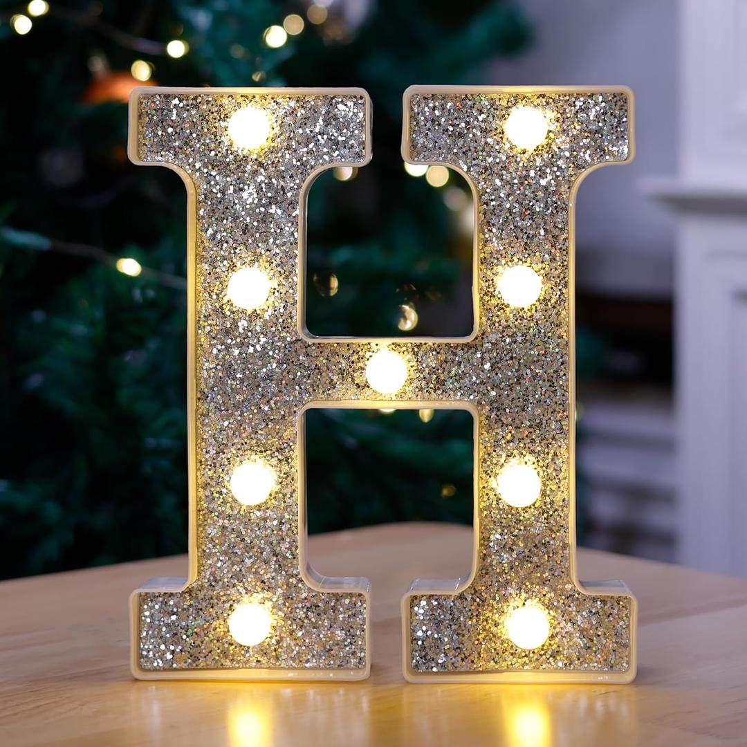 Marquee Light Up Letters, Glitter Silver LED Letter Lights Battery Powered Alphabet Letter Sign for Night Light Wedding Birthday Party Cafe Bar Decoration Girls Room Decor - letter H