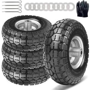 4.10/3.50-4 Tire and Dolly Wheel Flat Free - Solid Rubber Hand Truck Wheels 5/8" Axle - Gorilla Cart Tires Replacement for Garden, Wagon, Yard and Wheelbarrow (10 Inch 4 Pack)