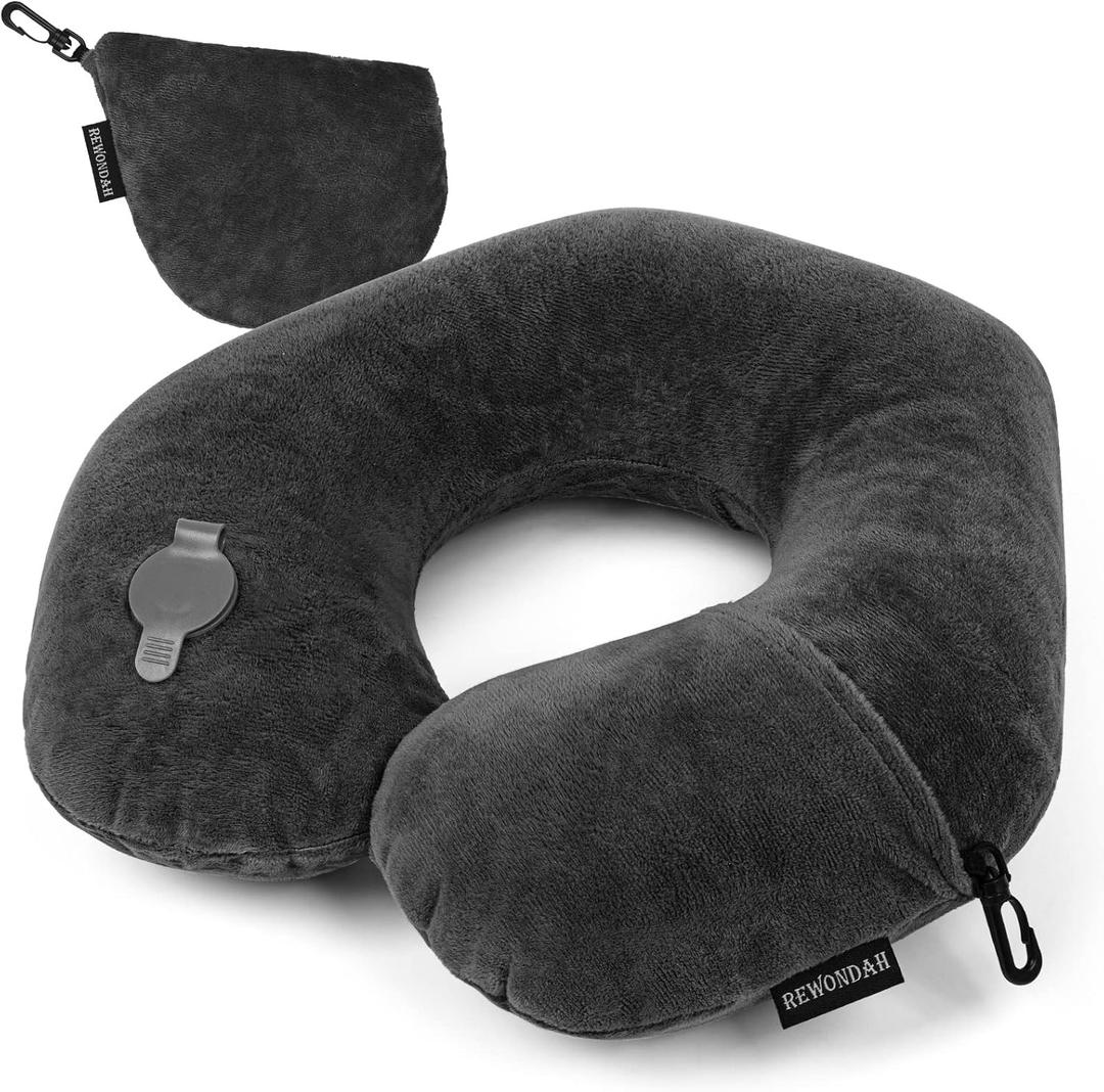 Rewondah Inflatable Travel Pillow, Inflatable Neck Pillow for Traveling Airplane, Travel Pillow with Soft Velour Washable Cover, U Shape Blow Up Neck Pillow for Airplanes Train Car Travel (Dark Grey)