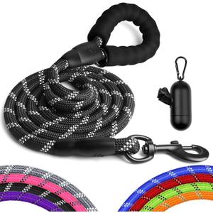 Heavy Duty Dog Leash for Large Medium Small Breed Dogs, Reflective Rope Dog leashes with Comfortable Handle,4/5/6 FT Pet Puppy Leash for Night Walking with Poop Bag Holder,Black,1/2 inch