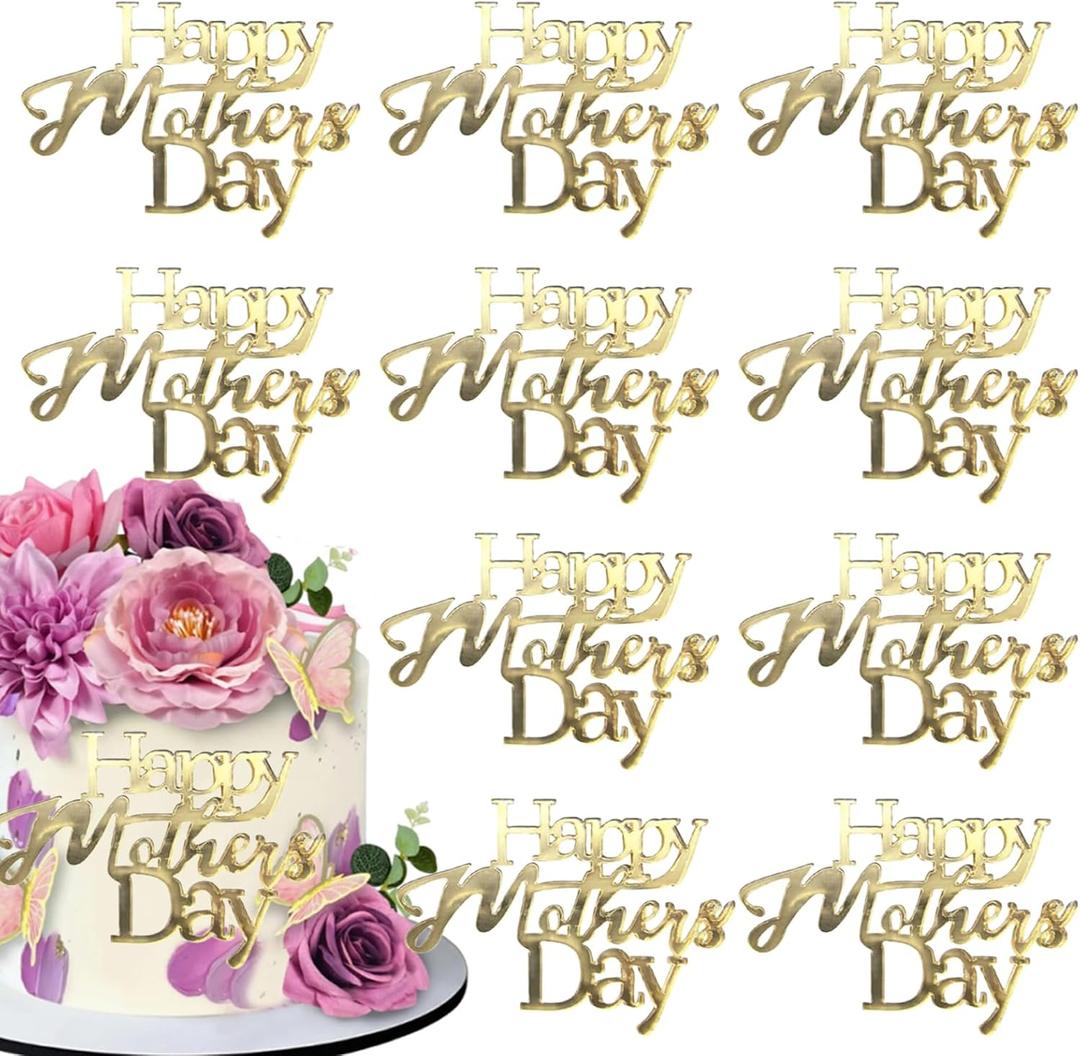 mdgfge Happy Mother's Day Cake Toppers, 10Pcs Acrylic Mirror Design Gold Happy Mother's Day Cupcake Topper Engraved Cake Toppers Dessert Decor for Mother's Day Birthday Family Party DIY Supplies